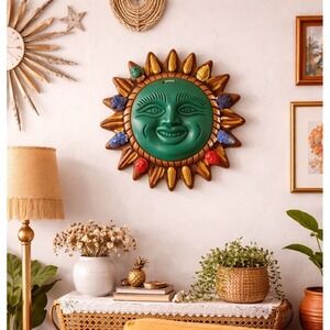 Mexican Folk Art Terracotta Celestial Sun Face Wall Hanging Hand Painted 10"
